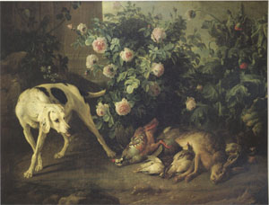 Dog Guarding Game Near a Rosebush (mk05)